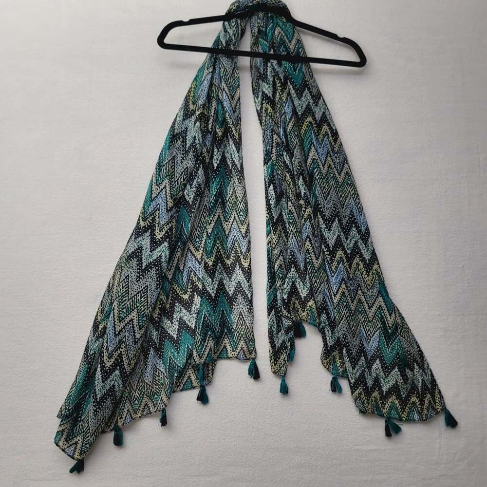 Chevron Print Scarf Teal Blue Green Tassels